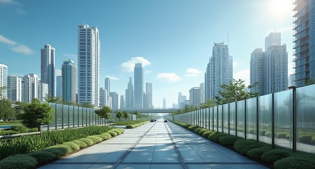 Futuristic cityscape with advanced fencing