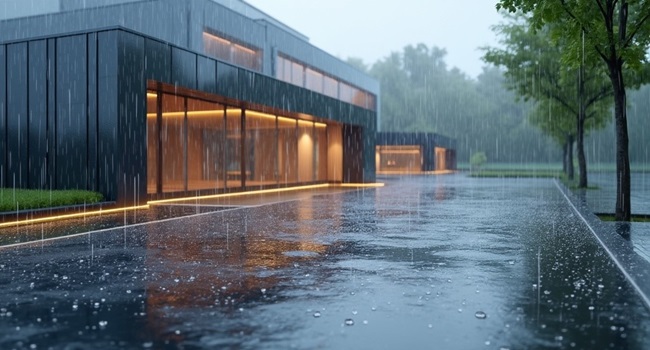 Contemporary architectural structure in rain